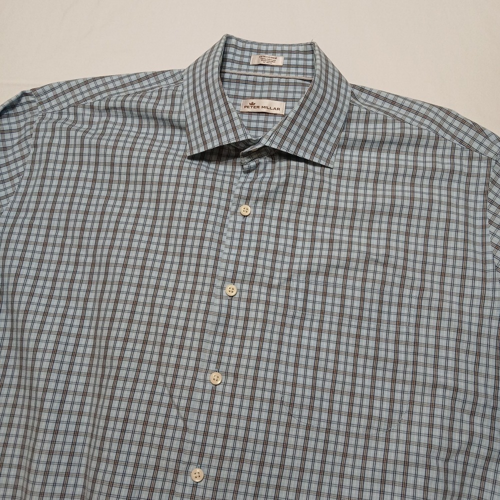 Peter Millar Men's Blue Cotton Plaid Check Long‎ Sleeve Button Shirt Size XL